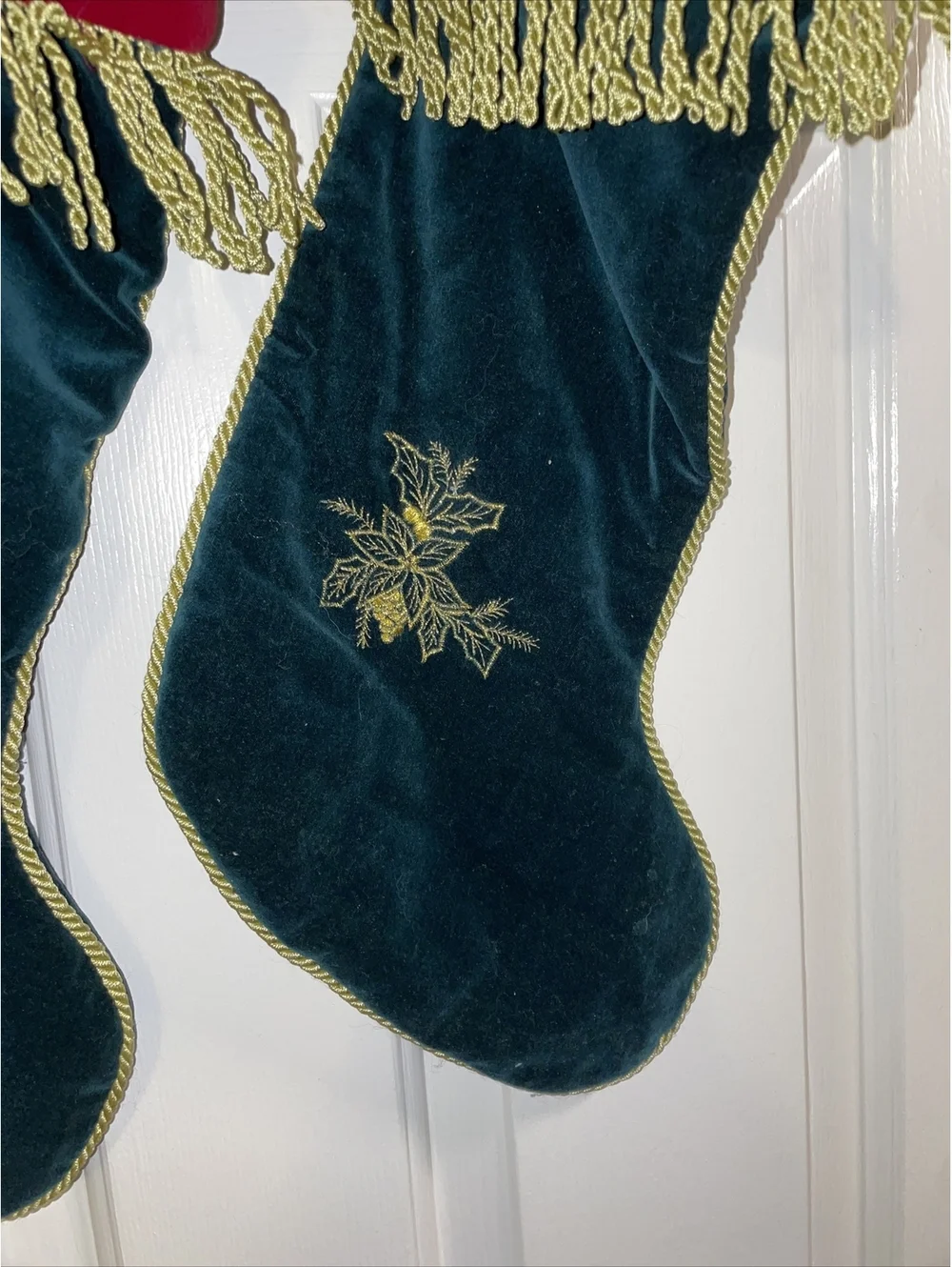 Velvet Green Christmas Stockings Gold Cord Trim Gold Stitched Bird Poinsettias